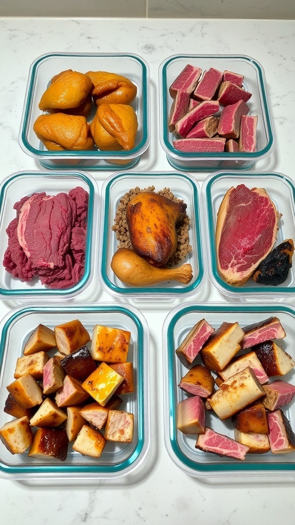 Meal prep containers filled with roasted chicken, ground beef, pork belly, and beef steaks.